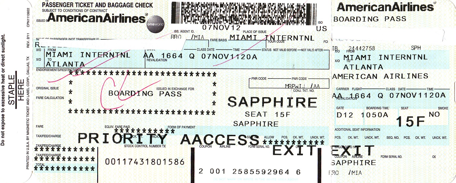 The traveler's drawer AMERICAN AIRLINES. Boarding pass for the flight